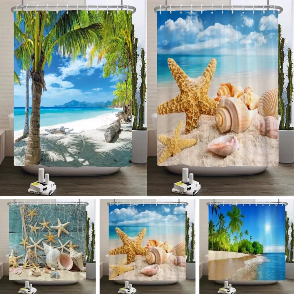 Tenda da doccia con scenario da spiaggia Bagno Stella marina Conchiglia Tenda da albero di cocco Decorazione in tessuto impermeabile Tenda da bagno con oceano marino