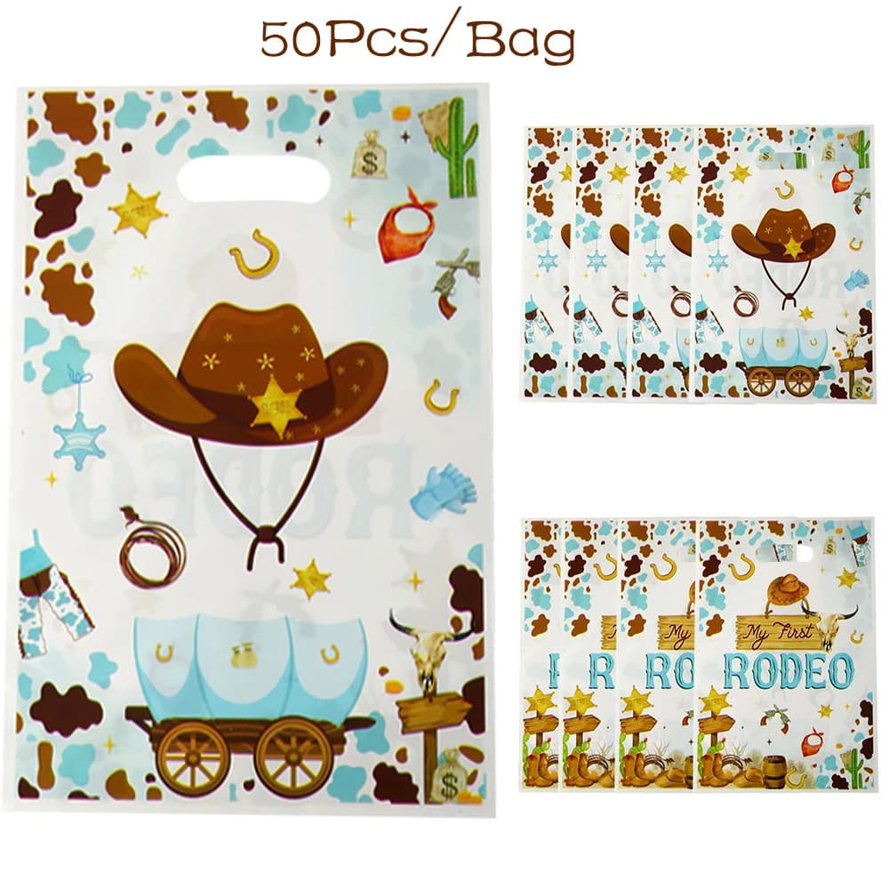 50 pezzi borsa da imballaggio regalo OPP a tema cowboy occidentale cappello da cowgirl borsa da torta di caramelle a ferro di cavallo per decorazioni per feste di addio al nubilato di compleanno