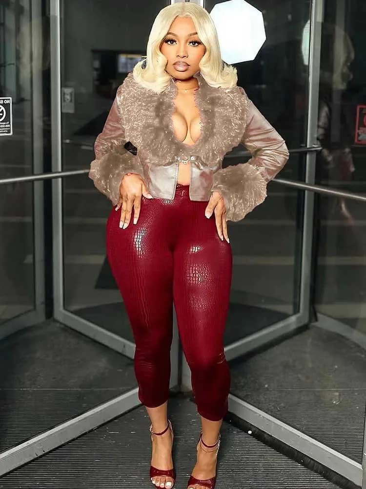 Two Pieces Set Woman Winter Long Sleeve Fur Collar Ladies Leather Jacket Waist Slim Synthetic Leather Pants Streetwear