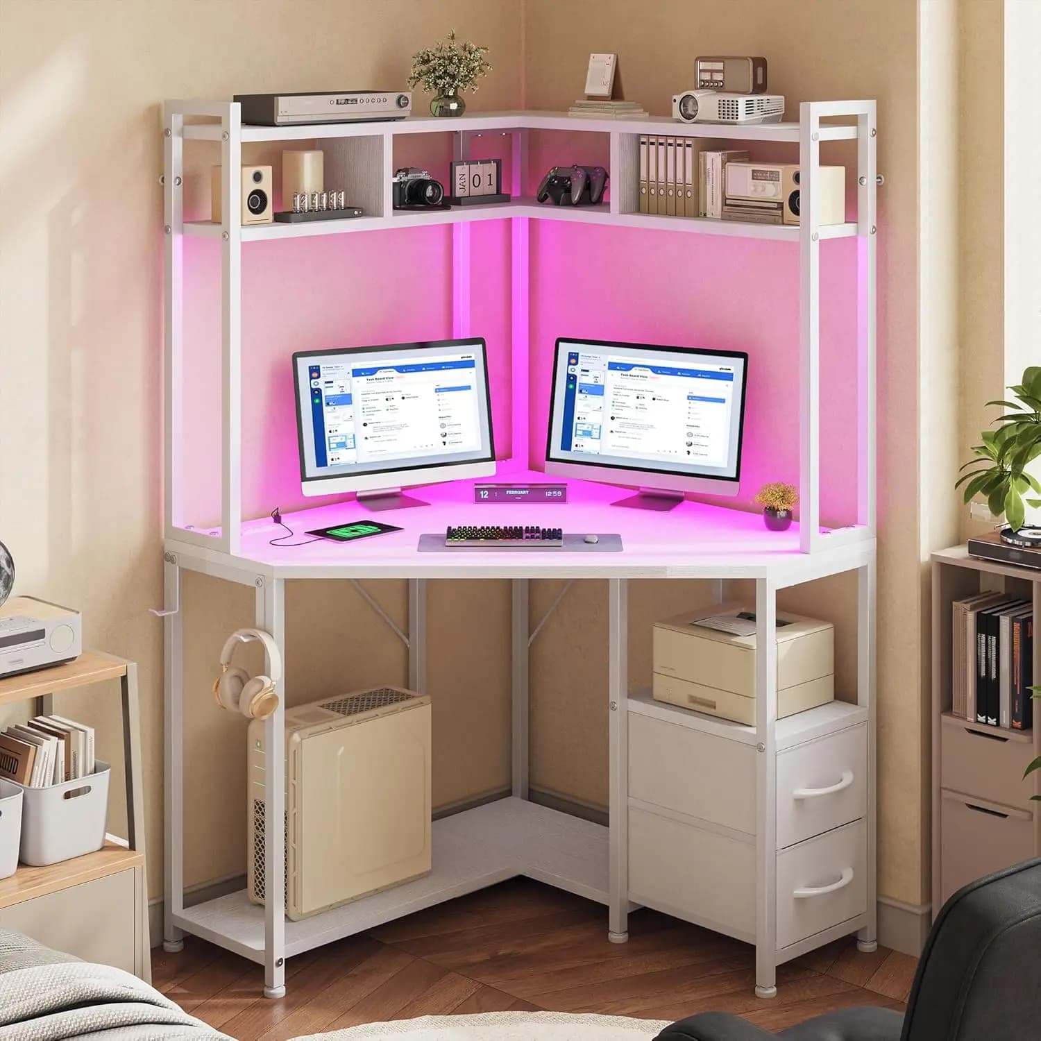Scrivania ad angolo, 90 cm L x 160 cm H, scrivania da ufficio bianca e piccola scrivania da gaming con mobiletto superiore e luci LED, scrivania per computer personalizzabile