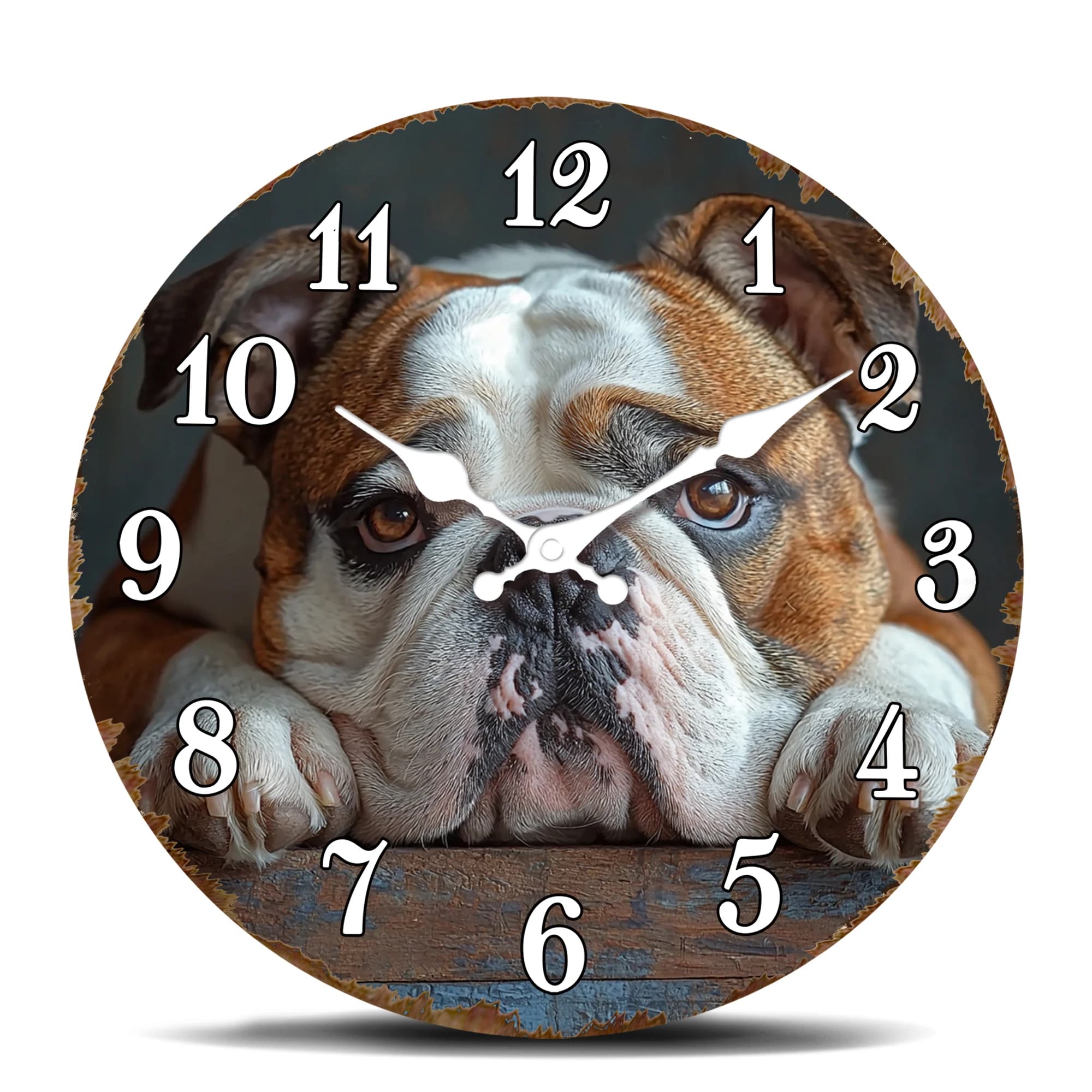 Wall Clock with Face of Bulldog Puppy, Cute Dog Print, Animal Lovers Home Decoration with Aged Edge