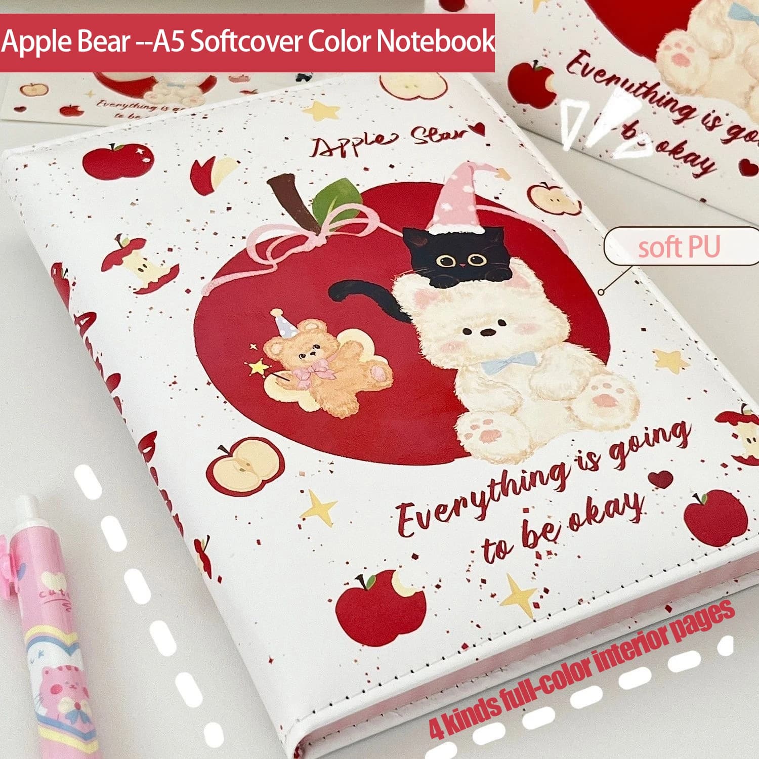 Kawaii Christmas Gift For Students A5 Apple Bear Santa Theme PU Leather Notebook Journal Thick Colorful Inner Pages