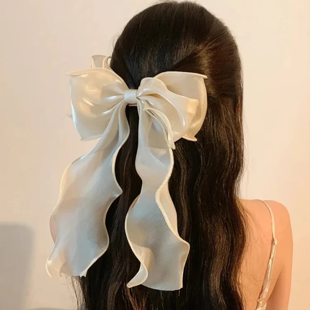 Fermaglio per capelli con fiocco grande in organza scintillante, barretta con fiocco a nastro lungo e bordo ondulato, accessorio elegante francese per fissare l'acconciatura a coda di cavallo, per donna, per tutti i giorni e appuntamenti.