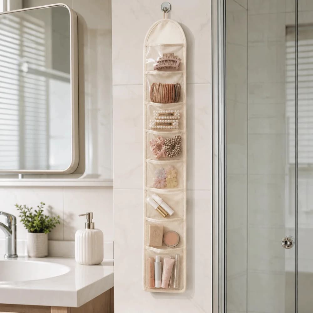 Space Saving Behind Door Hanging Bag Wall-mounted Multi-Pocket Underwear Storage Bag 7 Grid Mesh Hair Accessory Bag Bedroom