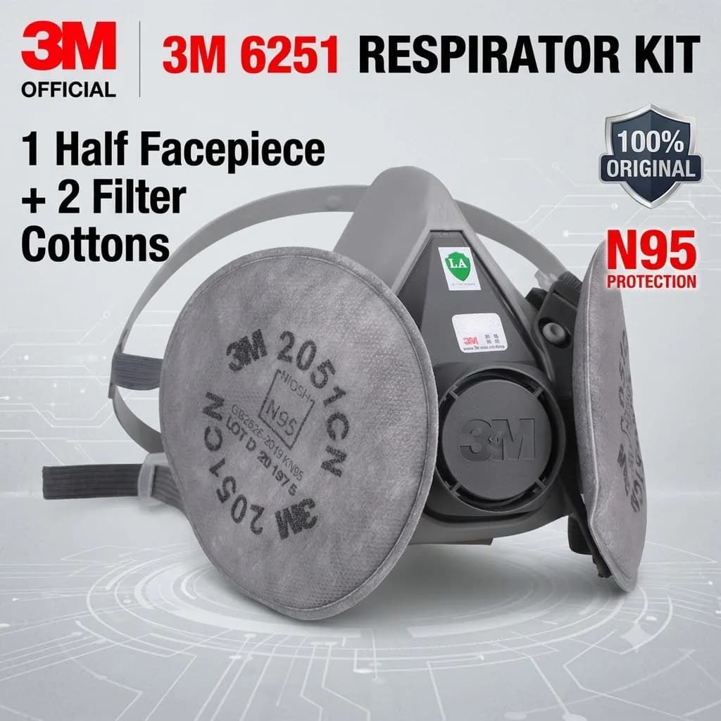 3M 6251 Half Face Respirator Mask 6200 with 2051 N95 Activated Carbon Filters for Industrial Spray Painting Dust Protection