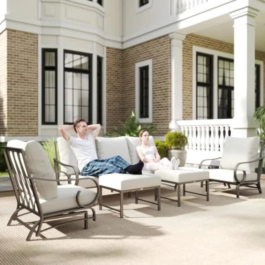 Set di Mobili da Giardino in 5 Pezzi con 2 Sedie a Dondolo, Divano a 3 Posti, 2 Pouf, Set da Conversazione per Esterni con Sedute Ampie e Profonde