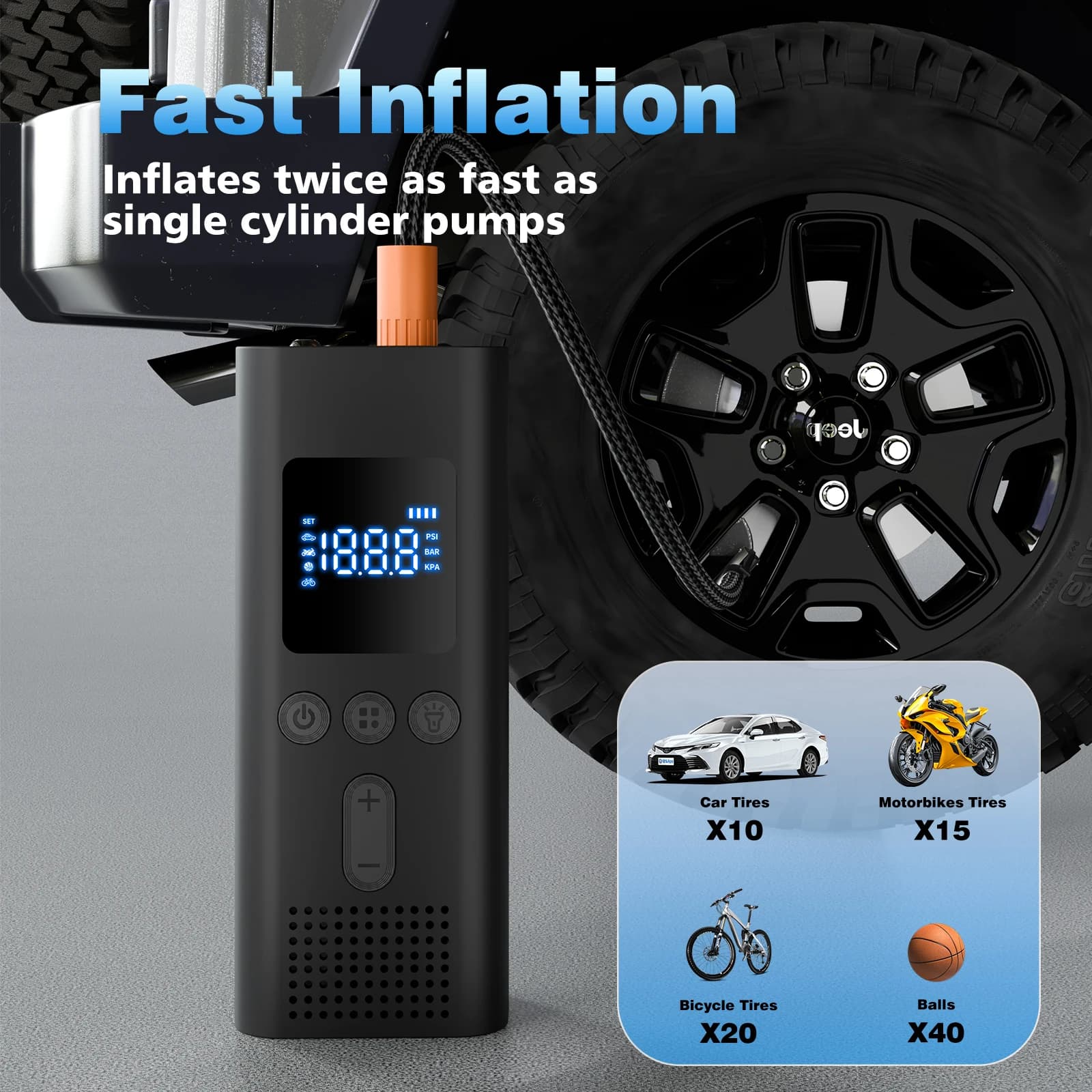 Wireless digital portable air compressor for car tires, 150PSI bike pump, electric car and bicycle compressor