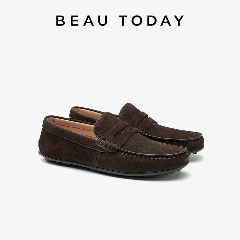 BEAUTODAY Penny Mocassini Men Leather Suede Cow Round Toe Stitch Solid Color Slip-on Retro Handmade Male Shoes 50151