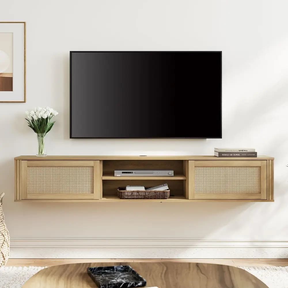 Mobile TV Sospeso con Presa di Corrente e Ante in Rattan, Console Multimediale a Parete con Gestione Cavi, Mobile Intrattenimento Moderno