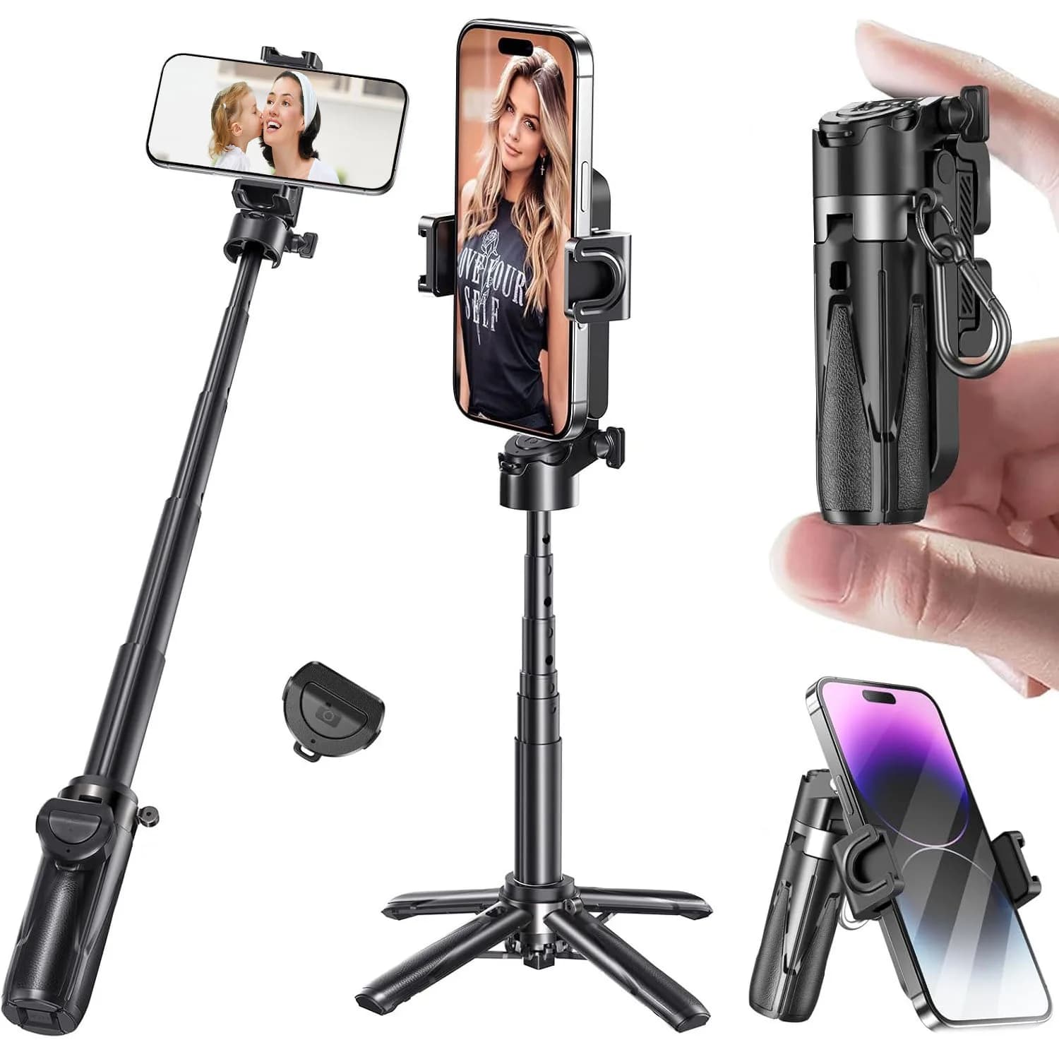 Mini treppiede per selfie stick per iPhone Android, treppiede portatile per telefono tascabile con telecomando ricaricabile per Vlog da viaggio video Tiktok