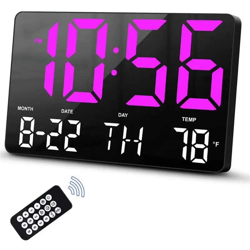 Y74A-Digital Clock, Digital Wall Clock with Remote Control, LED Watch with Large Display with Date, Week and Temperature per Stay