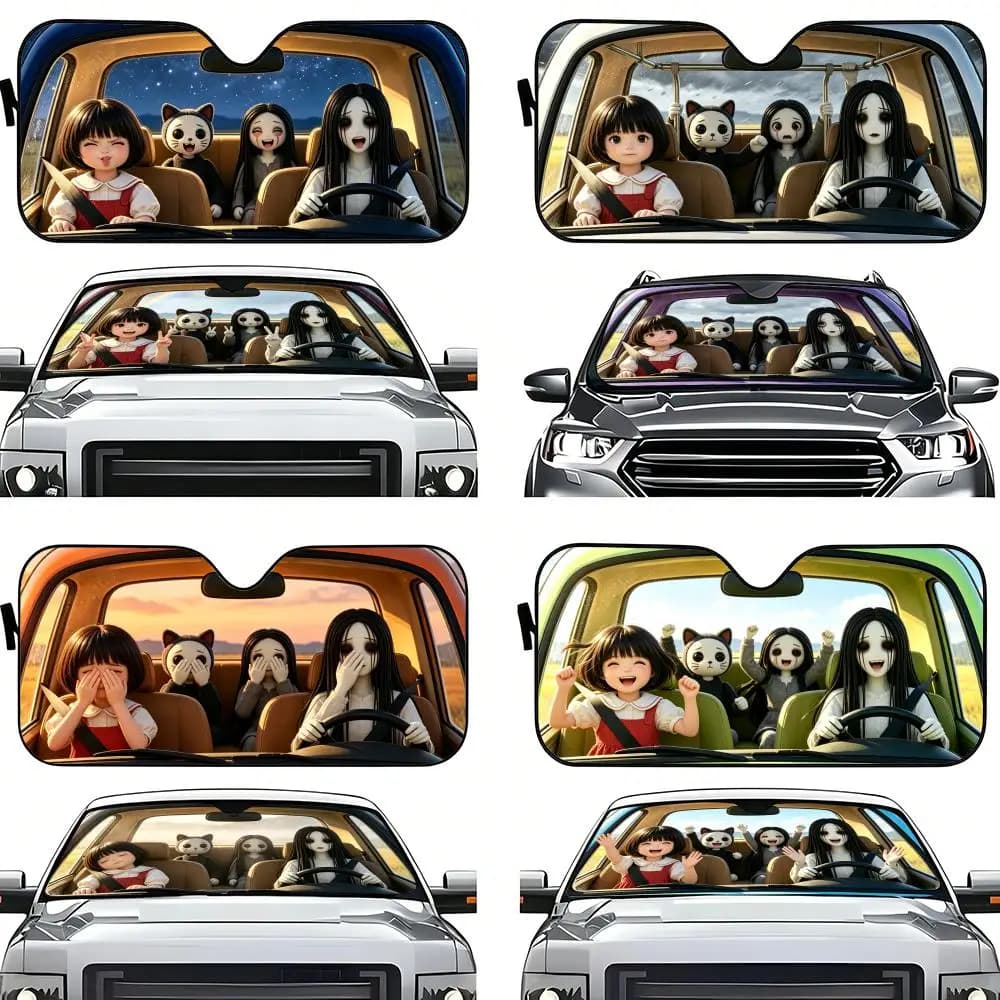 Parasole per auto pieghevole con motivo Sadako, protezione solare per parabrezza, copertura anti-UV per auto