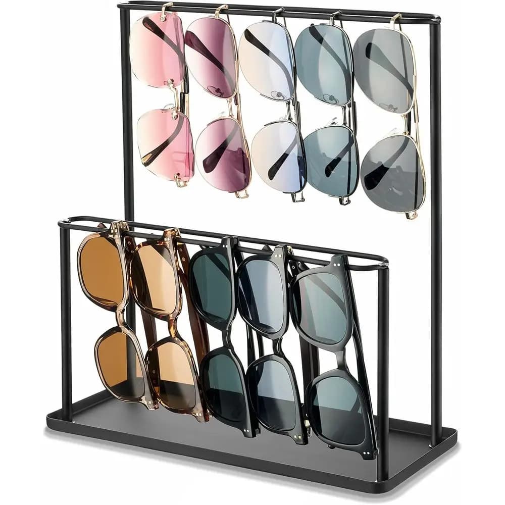 2-Tier Metal Sunglasses Stand with Tray for Eyewear Display - Black