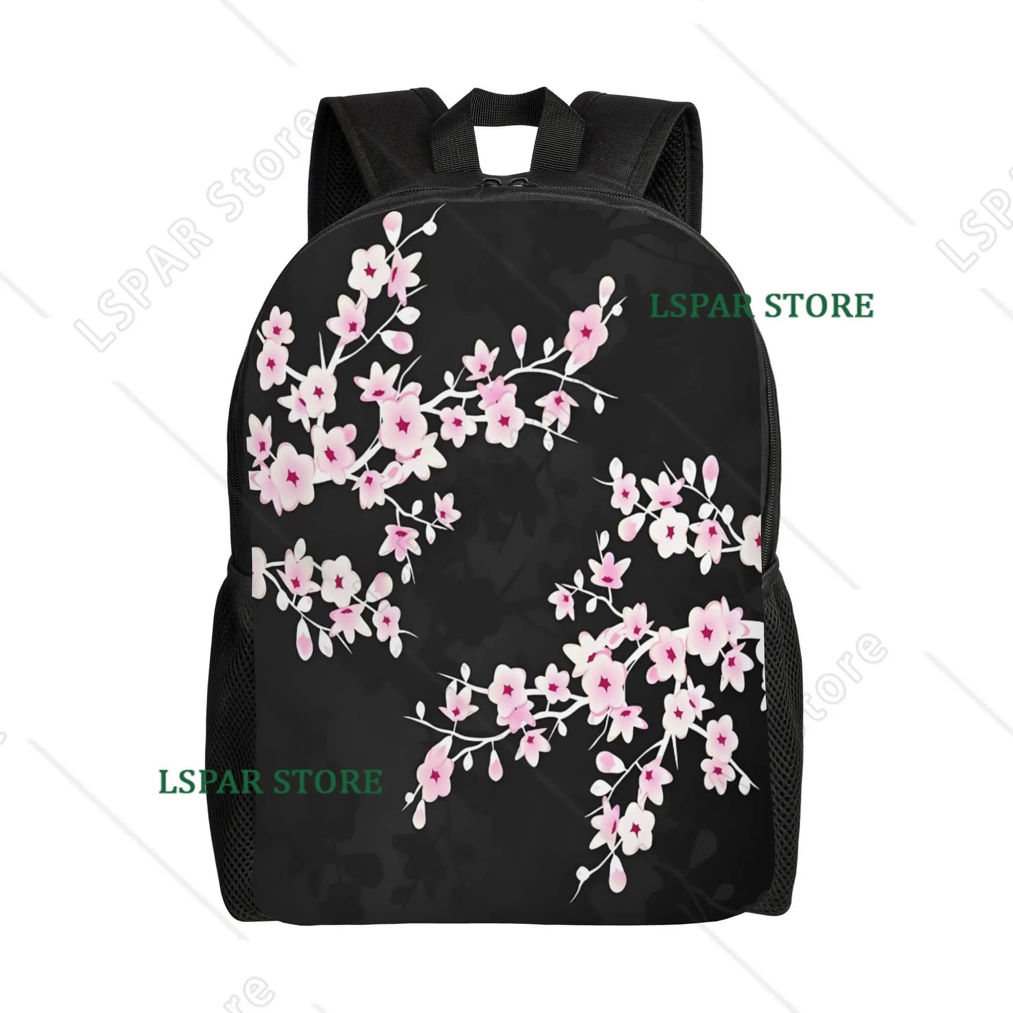 Floral Cherry Blossom Backpack in Pink and Black Featuring Adjustable Shoulder Straps Perfect for Casual Travel and Commuting