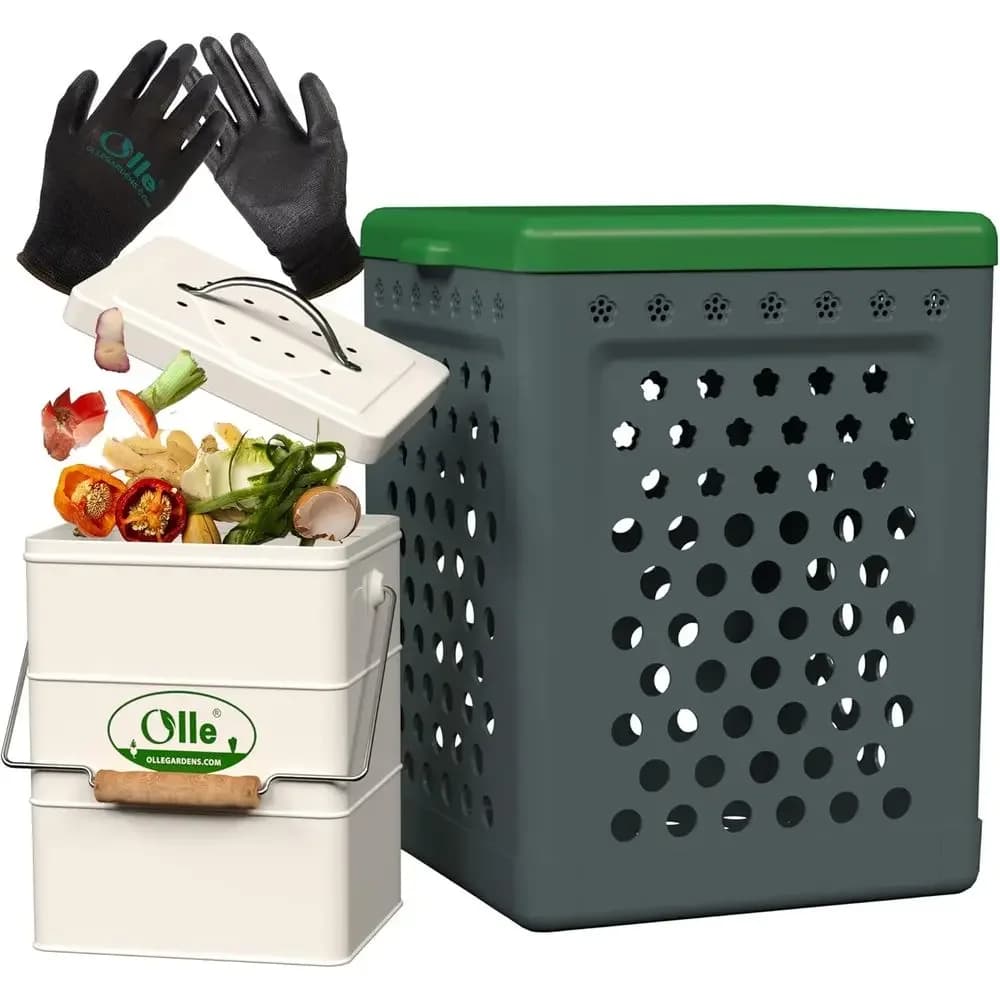 Contenitore per Compost da Cucina da 1 Gallone con Contenitore per Vermicompostaggio da 8 Galloni, Guanti da Giardino e Coperta in Juta - Sistema Compostaggio Compatto per Interni ed Esterni