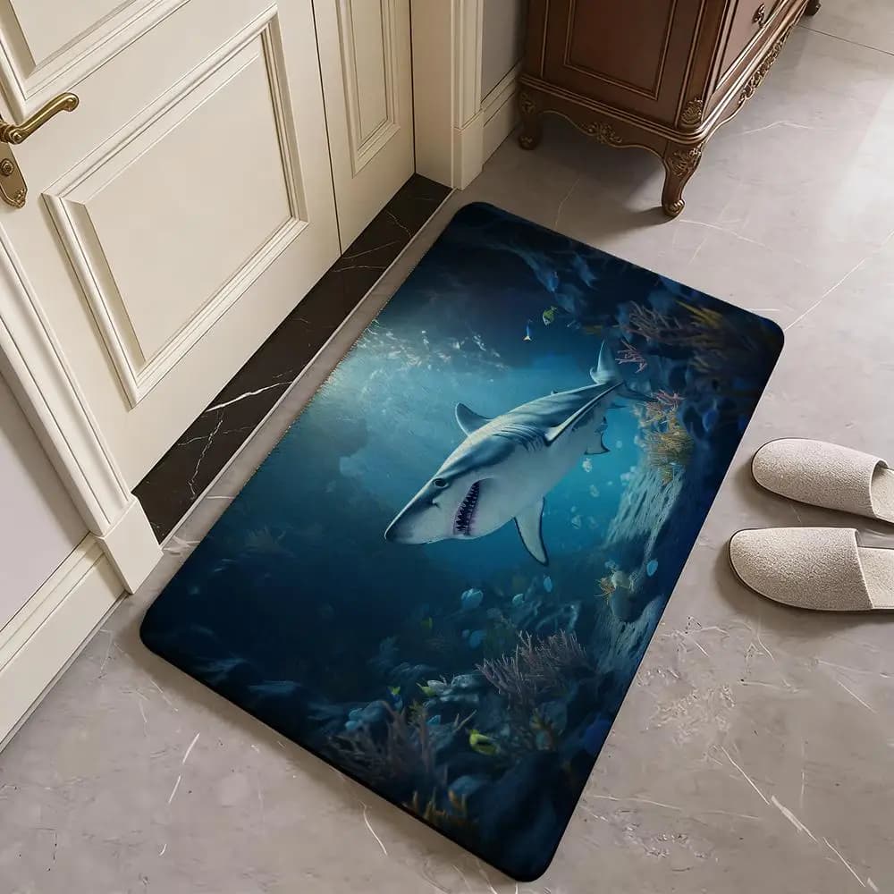 Tappetino Ocean Shark in flanella, tappetino per porta, antiscivolo, assorbente, lavabile, per interni