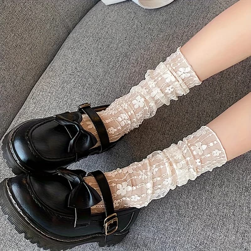 1 pair of youth summer thin black lace stacked socks for women, breathable floral mid-calf socks in white and beige