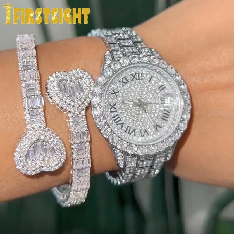 2025 Nuovo Iced Out Bling Aperto Cuore Zircone Braccialetto di Fascino Rettangolo AAA CZ Cuori Braccialetto Per Le Donne Degli Uomini Hiphop Gioielli di Lusso