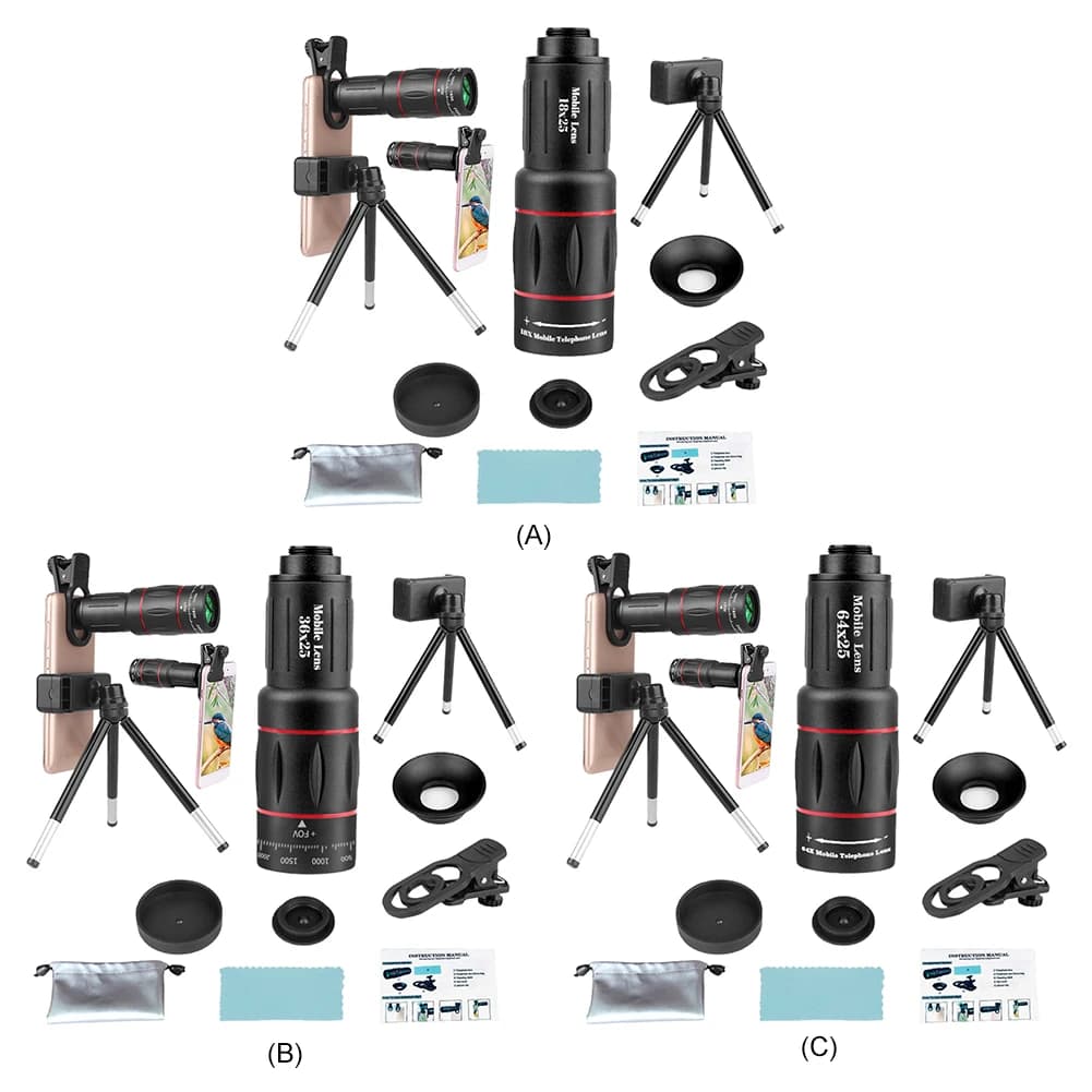 Telephoto lens 18/36/64X with Treppiede, Universal External lens with Zoom for Phone, Long Focal Telephoto lens for Android and iPhone