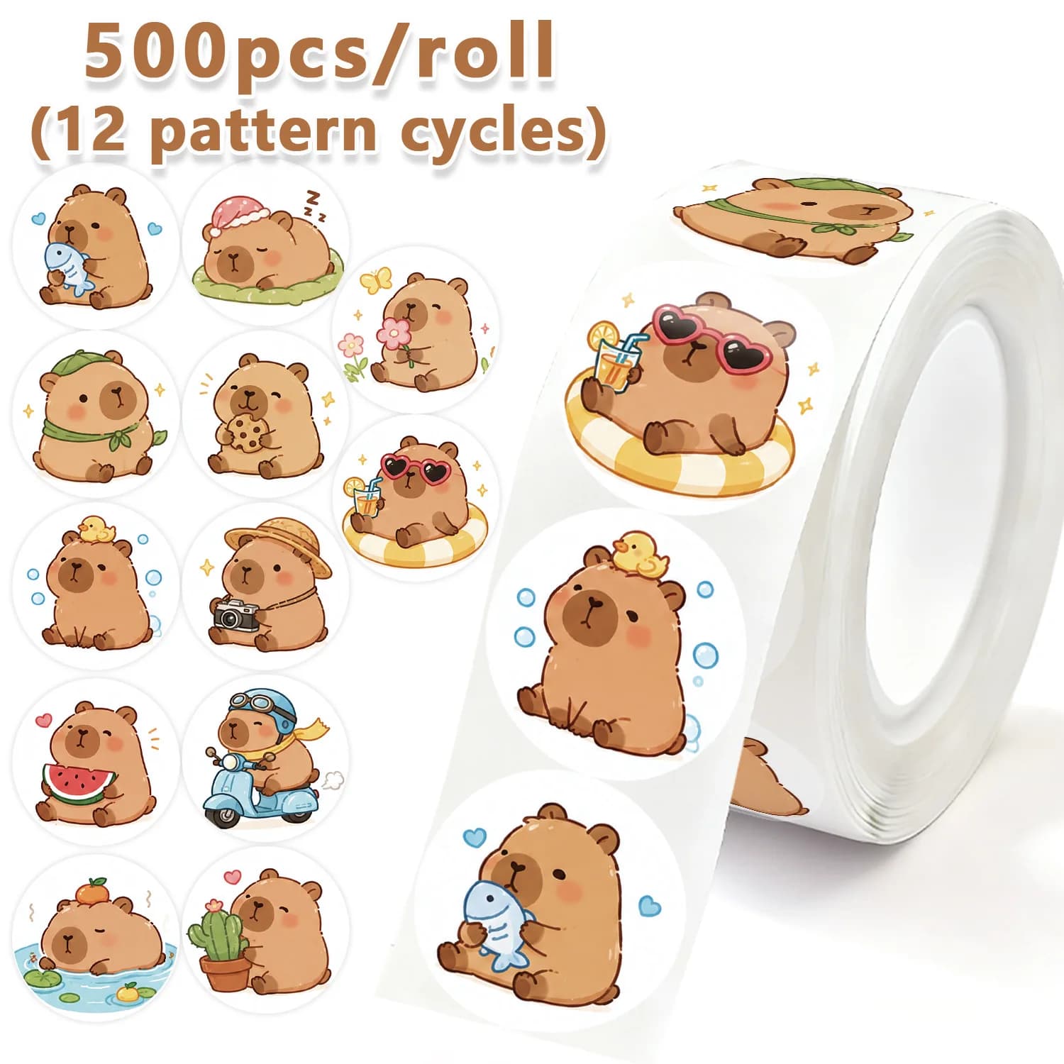 JCAC 500pcs/roll Cute Cartoon Capybara PVC Self-Adhesive Seal Stickers, Gift DIY Packaging Labels