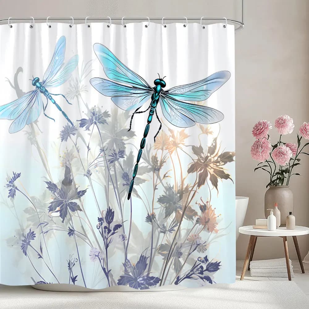 Tenda da doccia stampata con motivo libellula, pittura ad acquerello, arte floreale botanica, tende da doccia in tessuto creativo, decorazione per il bagno