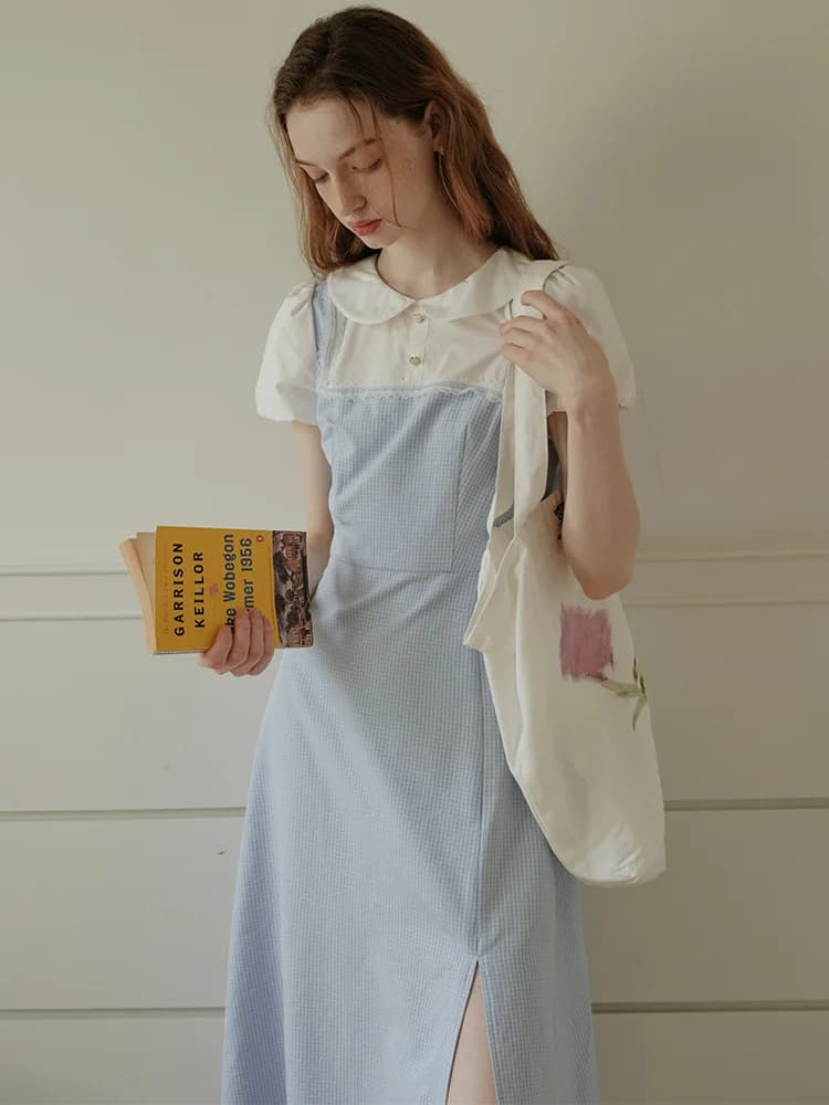 Isislove Vintage Style Faux Two-Piece Dress with Puffy Sleeves And Waist-Cinching Design Summer Collection Women's Dress