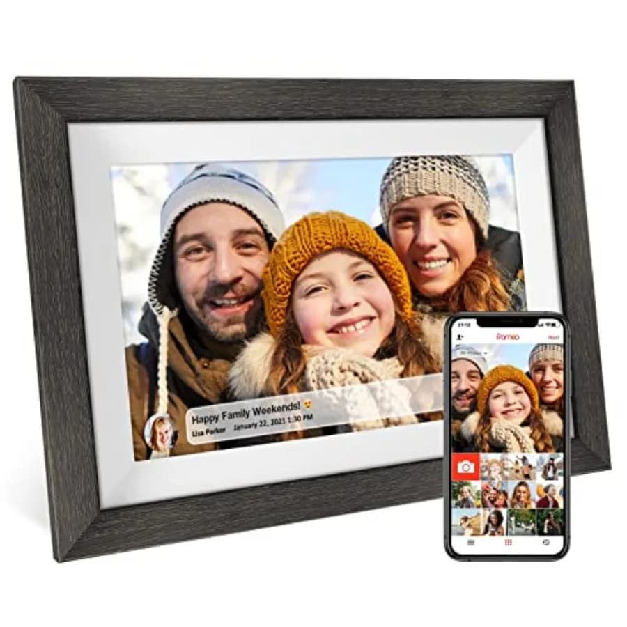 Cornice digitale Frameo con WiFi, cornice digitale intelligente con schermo IPS HD 1280 * 800 1080P, touchscreen, rotazione automatica, facile da configurare e utilizzare.