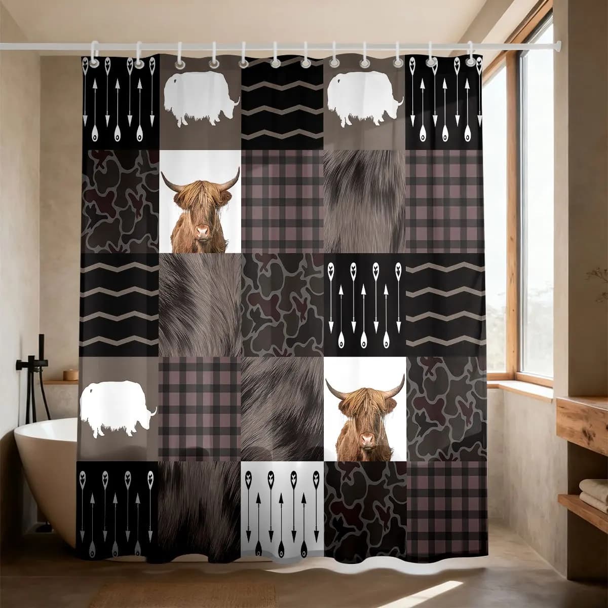Western Farmhouse Style Highland Cow Patchwork Plaid Arrow And Camo Pattern Flannel Blanket, Cozy Soft Warm Throw Bed Cover