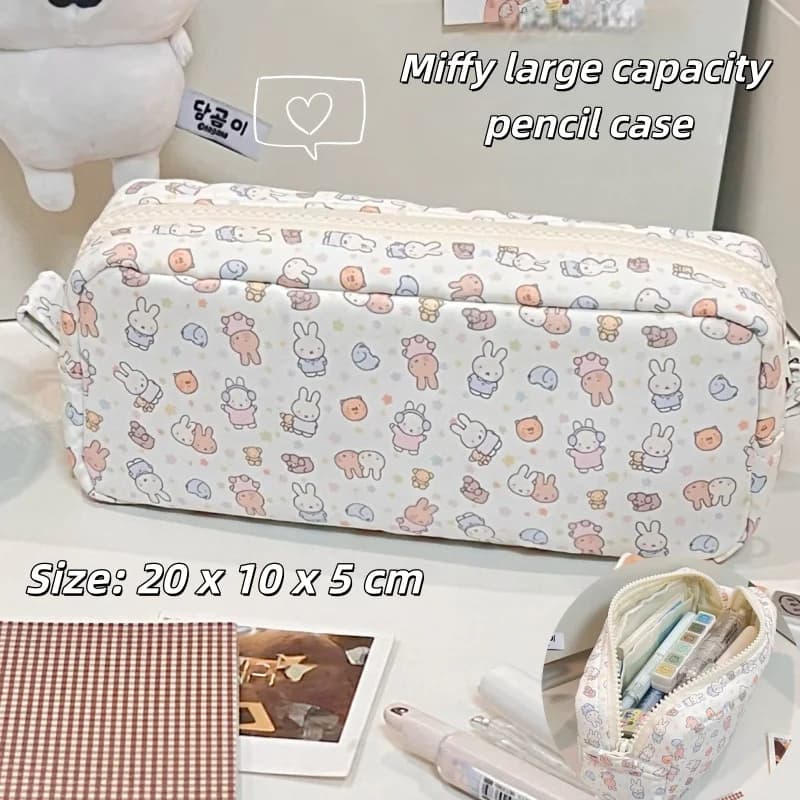 New Miffy Small Square Pencil Case, Cute Cartoon Print, Large Capacity, Girly Stationery Pouch & Pencil Box