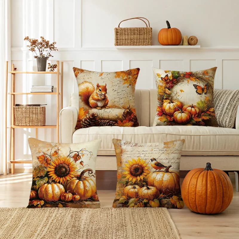 2pcs Autumn Pumpkin Print Pillow Case Harvest Festival Decoration Line Printed Cushion Cover Sofa Pillow Case