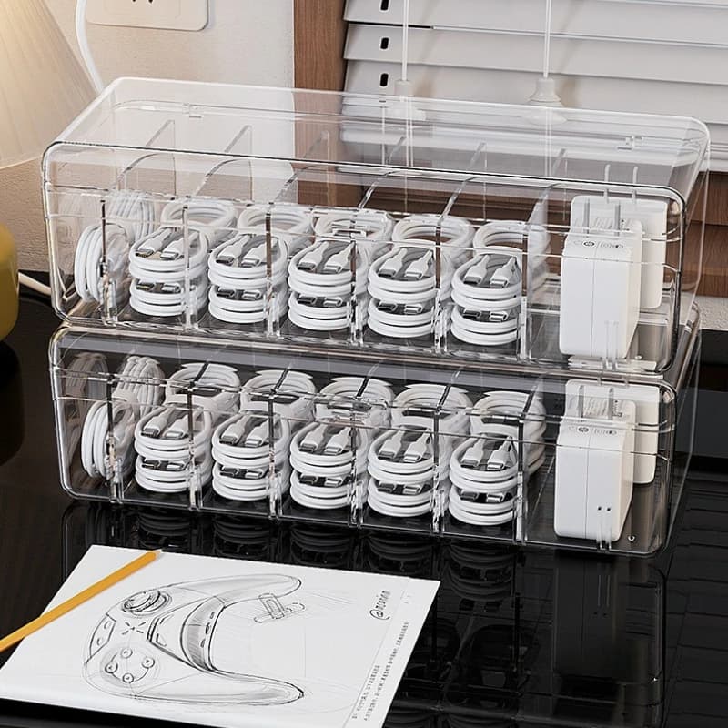 Scatole per organizer per cavi in plastica trasparente Custodia per accessori da scrivania per cassetti, articoli per ufficio, gestione elettronica