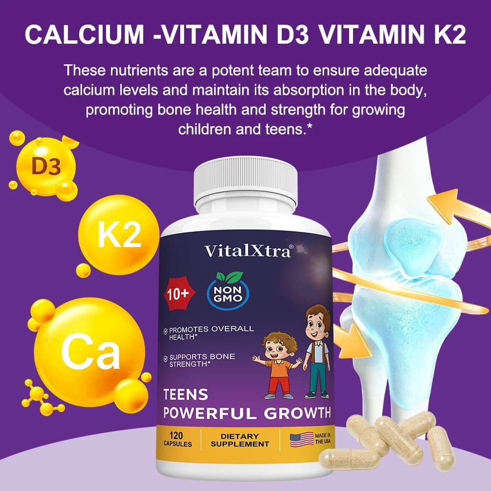 Integratore di Vitamina K2+D3 - Capsule Nutrizionali per Adolescenti, Supporta la Salute di Articolazioni, Ossa e Sistema Immunitario