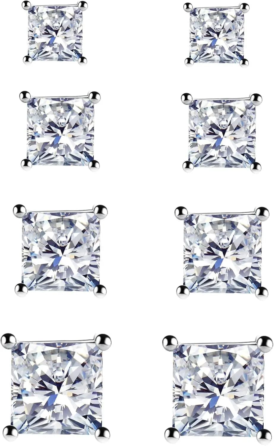 Orecchini a lobo in argento sterling 925, set di 4 paia di orecchini a lobo quadrati con zirconi cubici per donna e uomo 3 4 5 6 mm