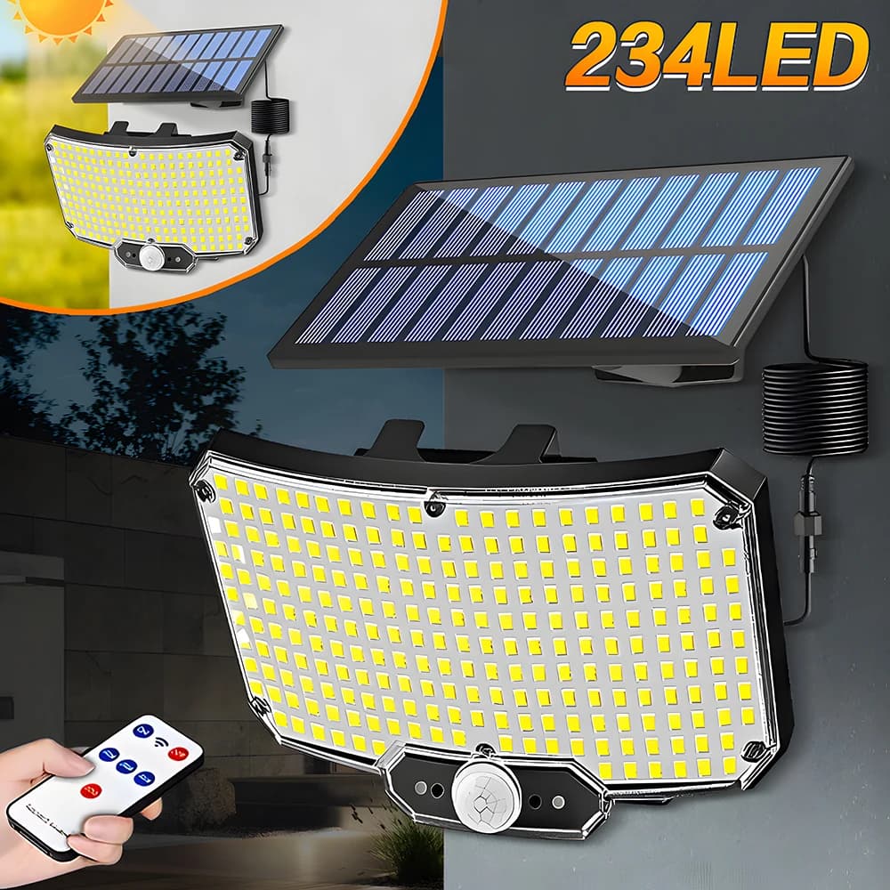 Lampada Solare da Parete a 234 LED con Sensore di Movimento, Telecomando a Infrarossi, 3 Modalità, per Patio, Portico, Giardino, Cortile, Illuminazione Esterna Solare