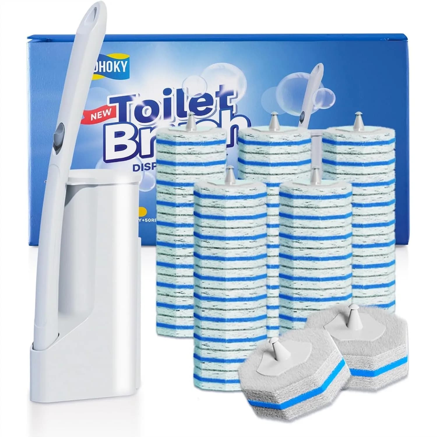 Disposable Toilet Brush Kit with 50 Refills, Wall Mounted Cleaning Wand, ABS Handle, Sponge Heads for Deep Bathroom Cleaning