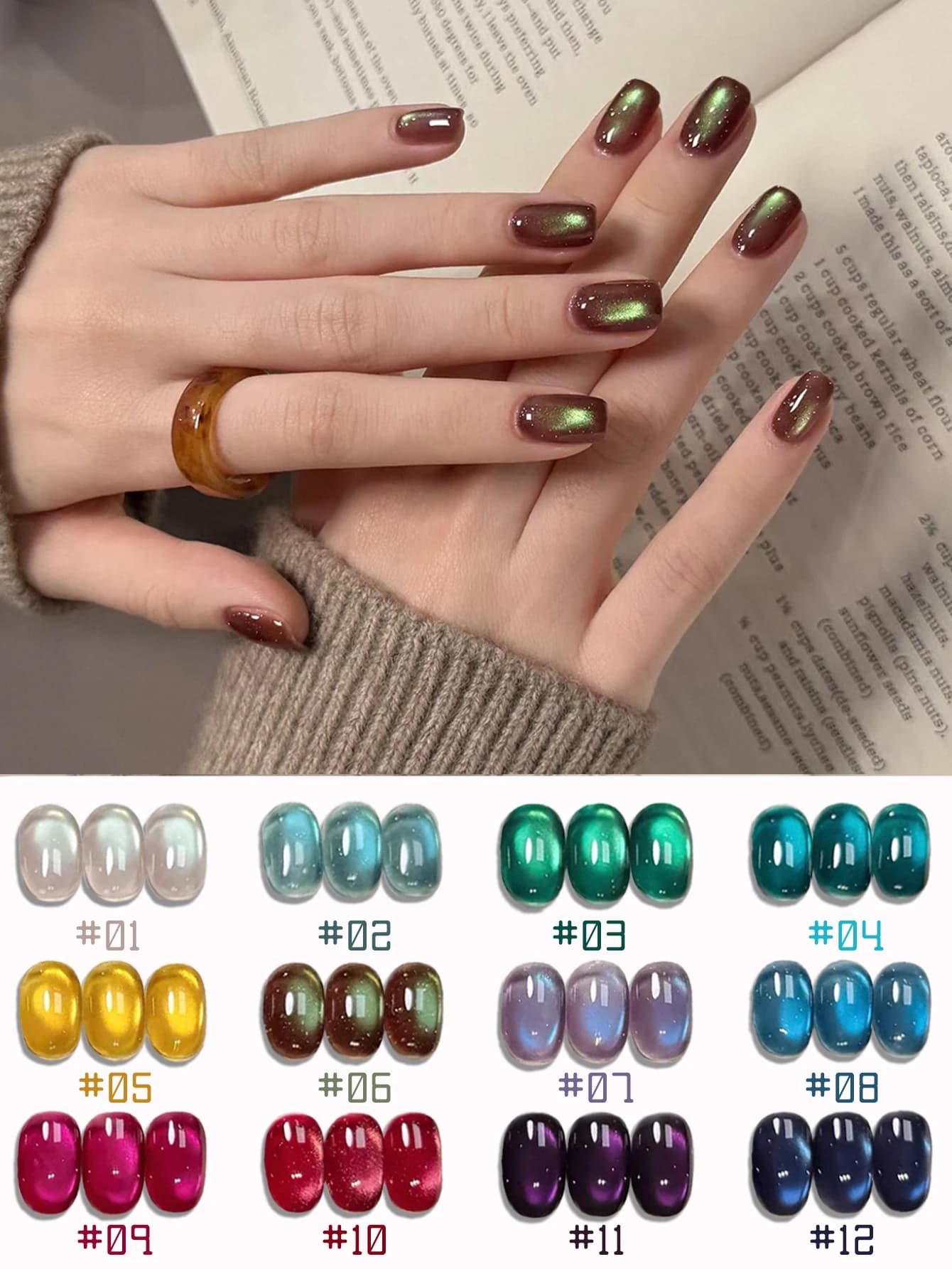 Set di 1/12 Smalti per Unghie 2026, Kit Autunno-Inverno con Perline di Vetro Scintillanti, Colori Blu, Viola, Giallo, Effetto Occhio di Gatto, Gel UV
