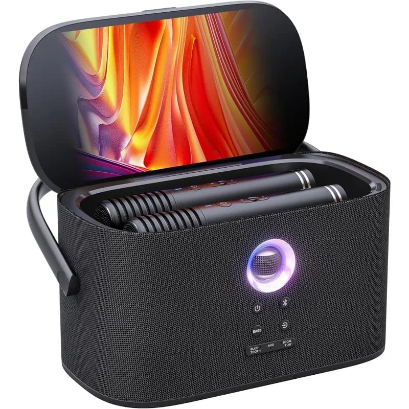 Macchina per karaoke portatile per adulti, visualizzazione e schermo con testi incorporati, 2 microfoni wireless con ricarica automatica, app per karaoke, 140 W