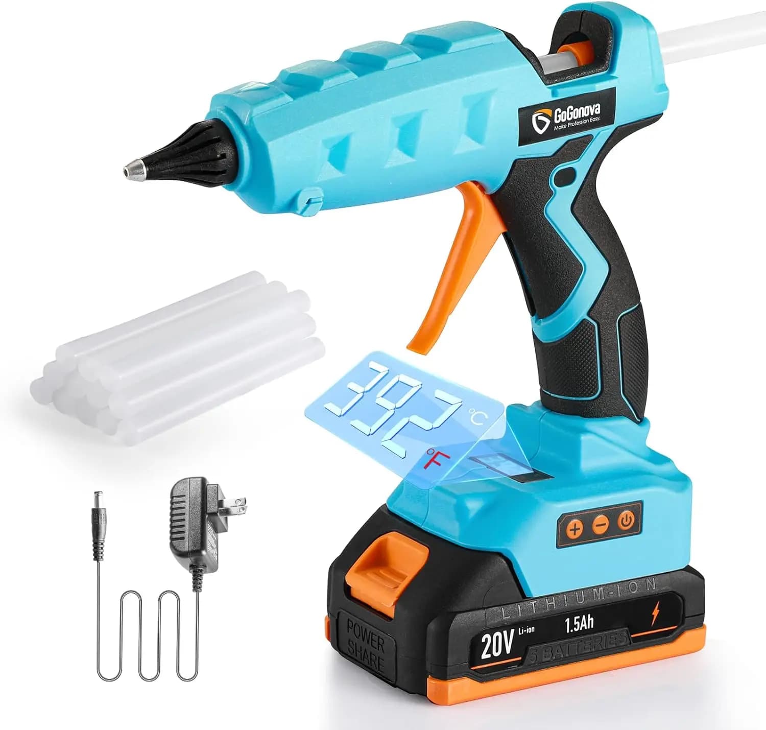 Pistola per Colla Senza Fili a Grandezza Naturale con Display LCD, Riscaldamento Rapido, Temperatura Regolabile, Ugello Anti-Goccia, Include Batteria e 12 Stick
