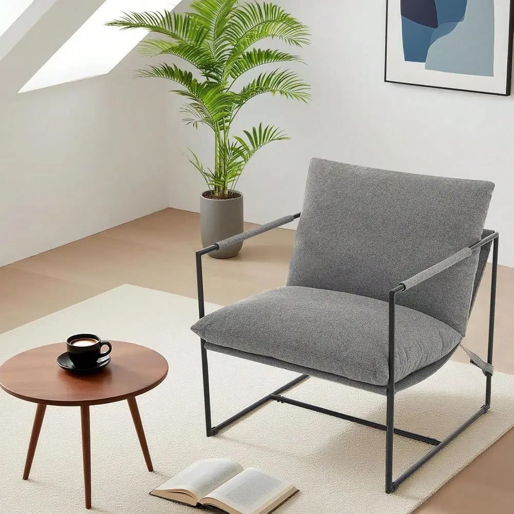 Poltrona Sling con struttura in metallo e cuscini ergonomici in tessuto, poltrona lounge imbottita, comoda poltrona da lettura per soggiorno