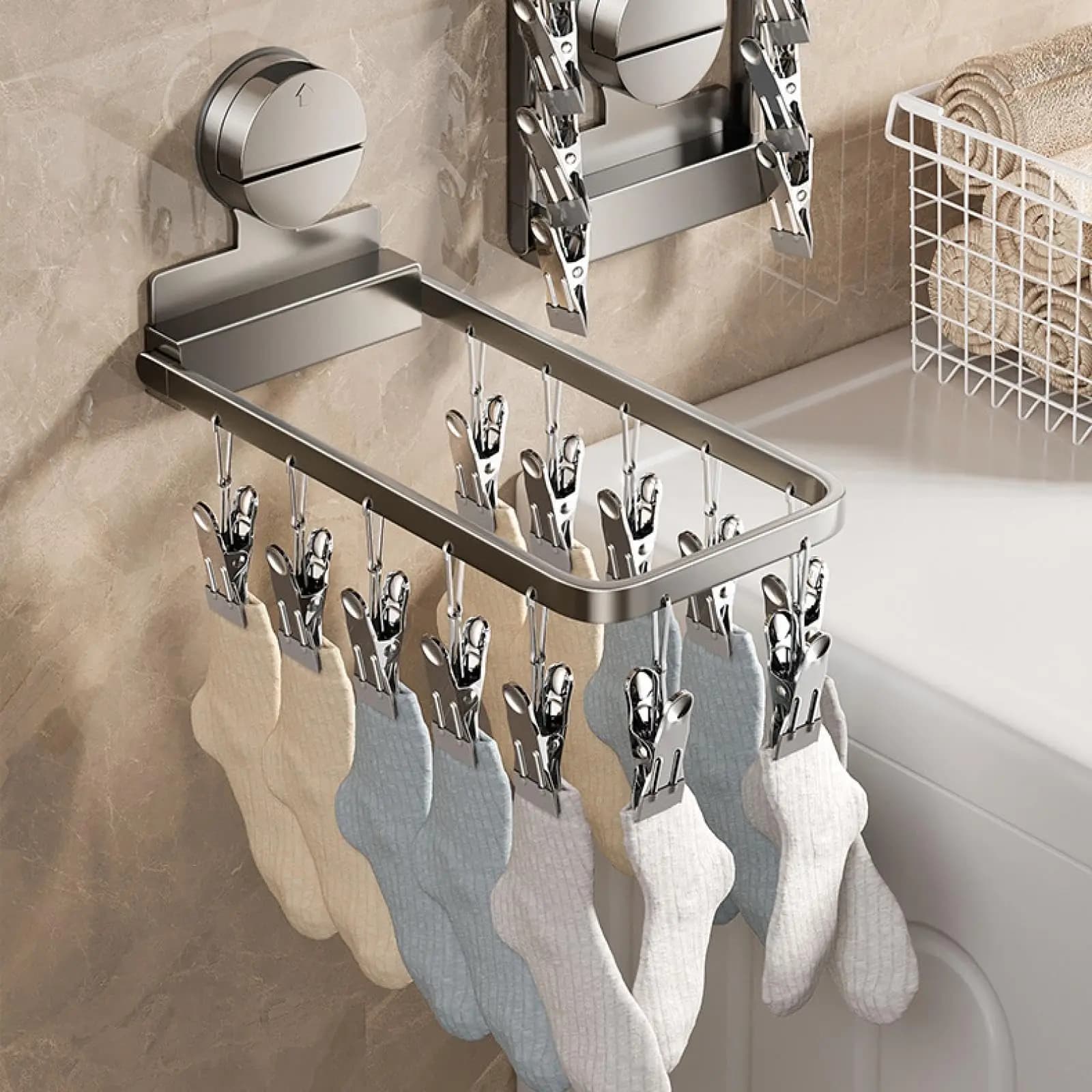 Suction Cup Sock Rack Folding Clothes Drying Hanger Balcony Windproof Underwea Sock Clip Drying Rack
