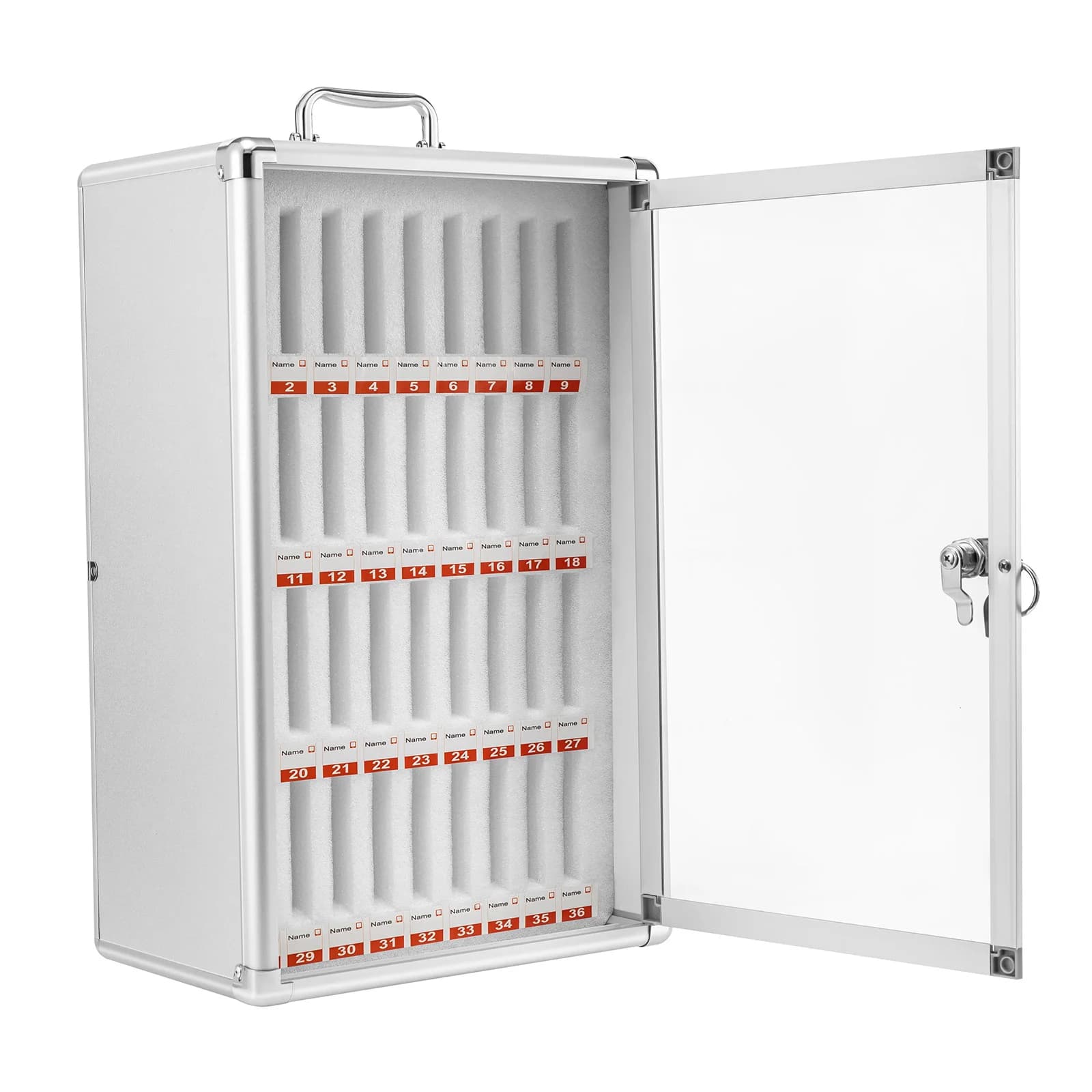 36 slot mobile phone cabinet, pocket graphic cabinet with portable handle, key lock and handwritten labels, wall mounting