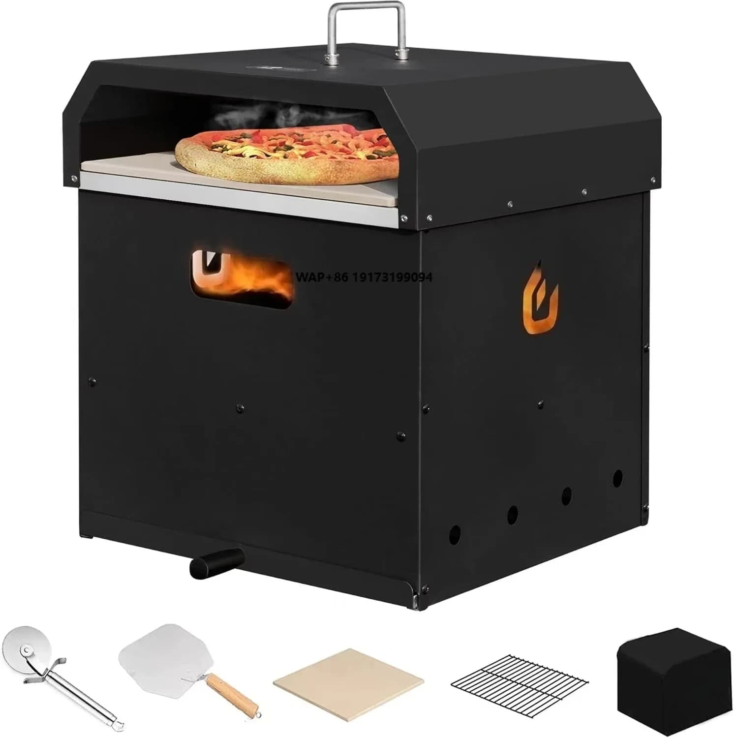 Forno per Pizza Portatile 4-in-1 Multifunzione da Esterno da 16 Pollici con Pietra Refrattaria Rimovibile a 2 Strati, Pala, Coperchio e Griglia per Cottura a Pellet