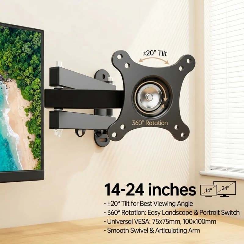 Supporto universale per montaggio a parete per TV da 14-24 pollici, supporto per monitor per computer con rotazione a 360 gradi, supporto per schermo piatto inclinabile a 20 gradi