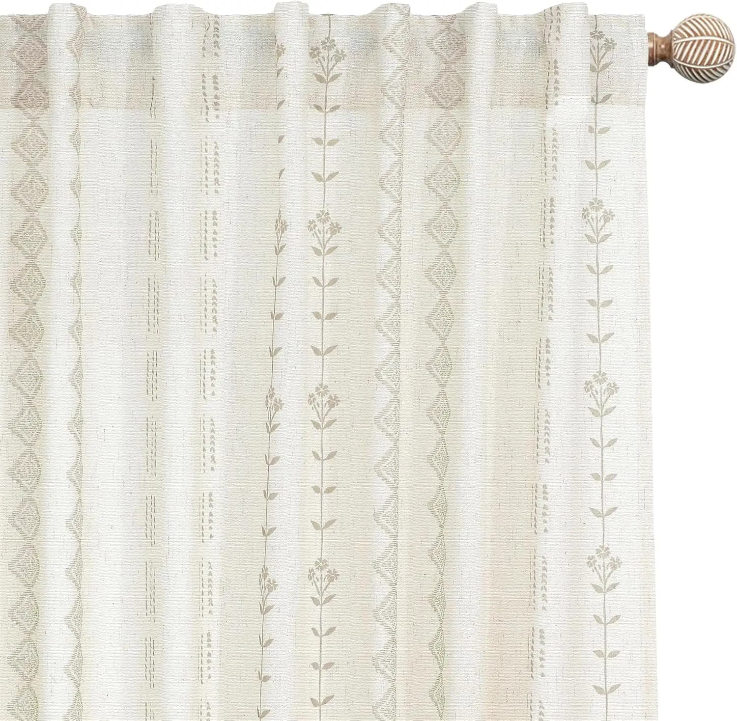 Floral Linen Curtains Boho Cream Taupe, Lengths 84 Inches, Filtrant Light, Modern Style Farmhouse, Set of 2 Panels