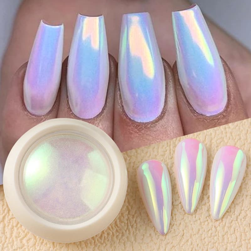 Polvere per unghie cromata sirena iridescente Aurora effetto al neon specchio al chiaro di luna glitter polvere di pigmento bianco perla sfregamento sulla decorazione delle unghie