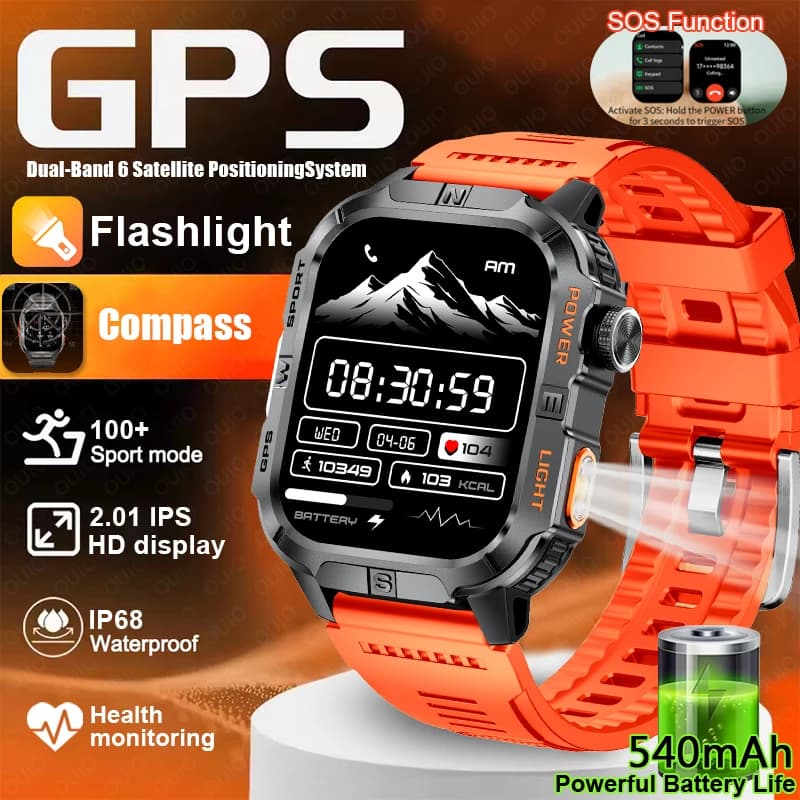 Nuovo Smartwatch GPS per Esterni con Display HD da 2.01", Cardiofrequenzimetro, Torcia LED, Bussola, Tracciamento Sportivo, Impermeabile IP68, Batteria da 540mAh