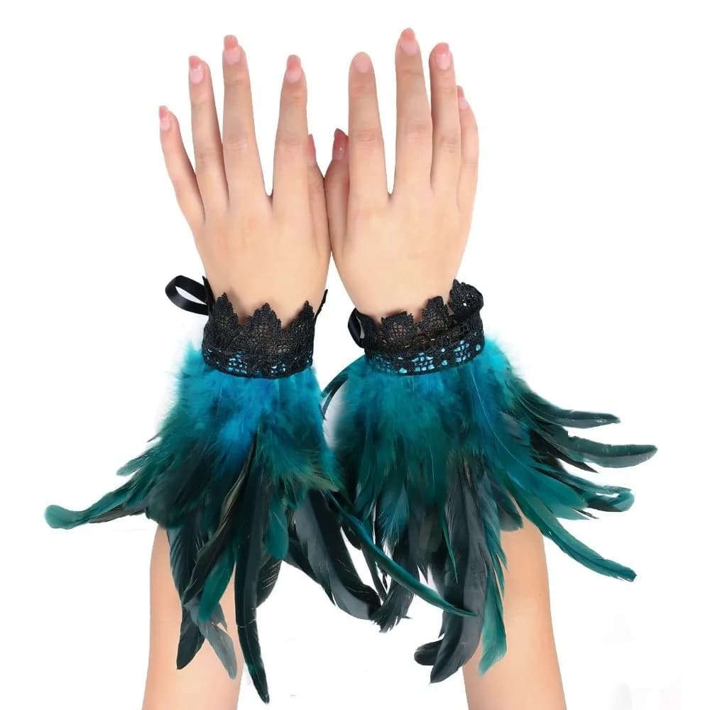 New Black Fluffy Feather Wrist Cuffs Adjustable Lightweight Halloween Arm Cuff Gloves Gothic Lace Plume Bracelet Themed Party