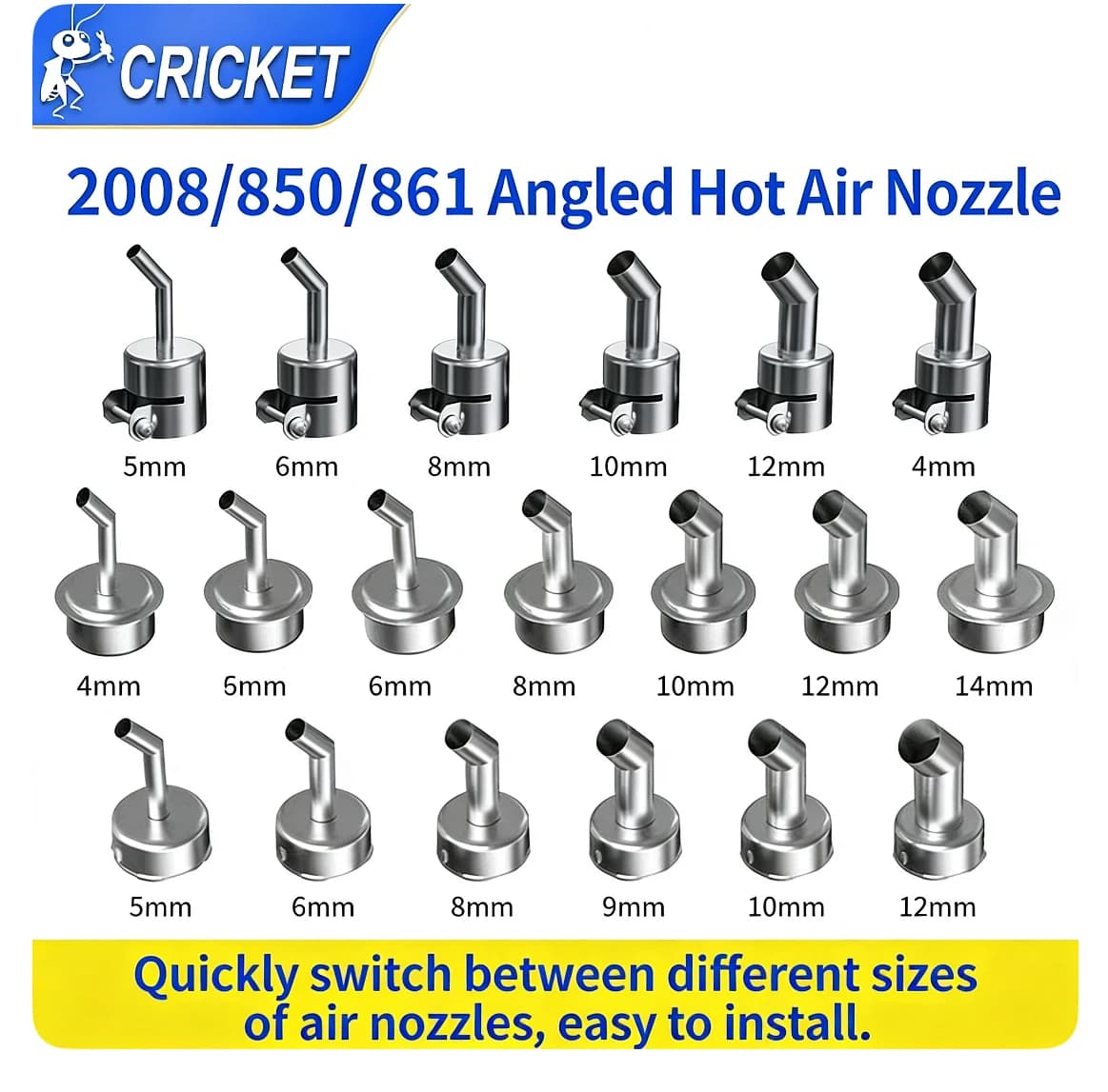 CRICKET Ugello ad aria calda smussato compatibile con 861 850 QUICK 2008, testina per pistola ad aria calda con riscaldamento uniforme a 45 gradi per chip di schede madri
