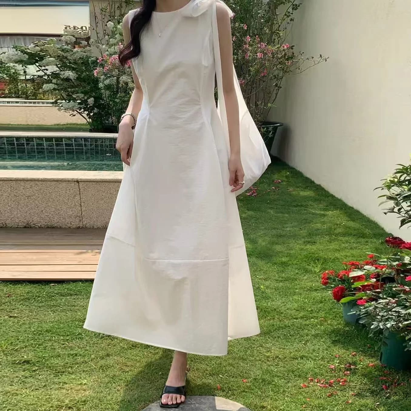 Korean Style High Waist Slimming Skirt Dress No Sleeve Commute Dress with Bag Elegant Full Skirt for Young Women Summer