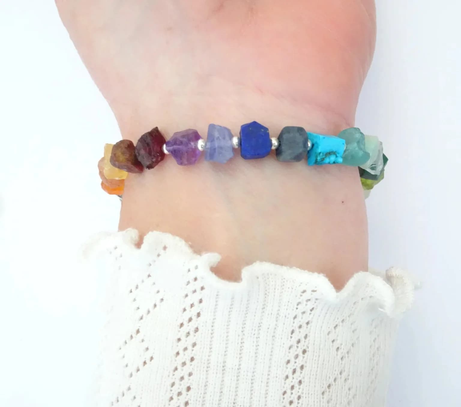 7 Chakra bracciale Chakra bracciale gemma arcobaleno chip e argento Sterling-ametista, lapiz lazuli, citrino, corniola